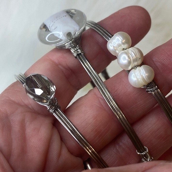Set of 3 bangle bracelets measures 2.75". Each have different embellishments - Picture 2 of 7